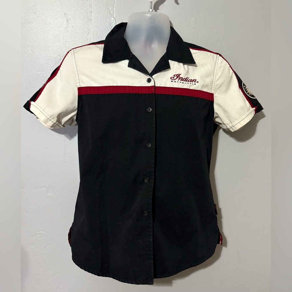 Indian Motorcycle Shirt Black Red Tan Button Front Mechanic Embroidered Womens S